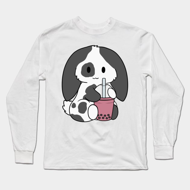 Spotted Black Bunny Strawberry Bubble Tea Long Sleeve T-Shirt by BiscuitSnack